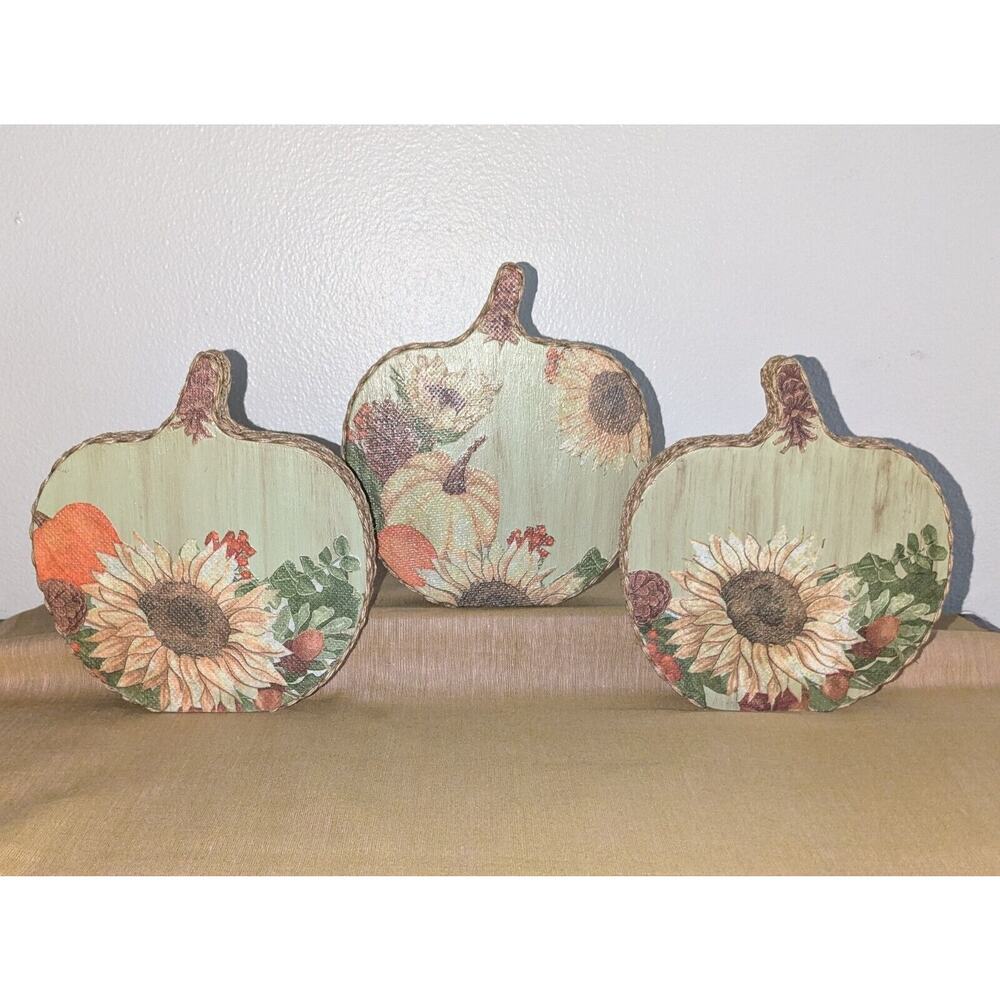 3 Handmade Decoupage Free Standing Fall Decor Wood Plaque Pumpkin Sunflowers